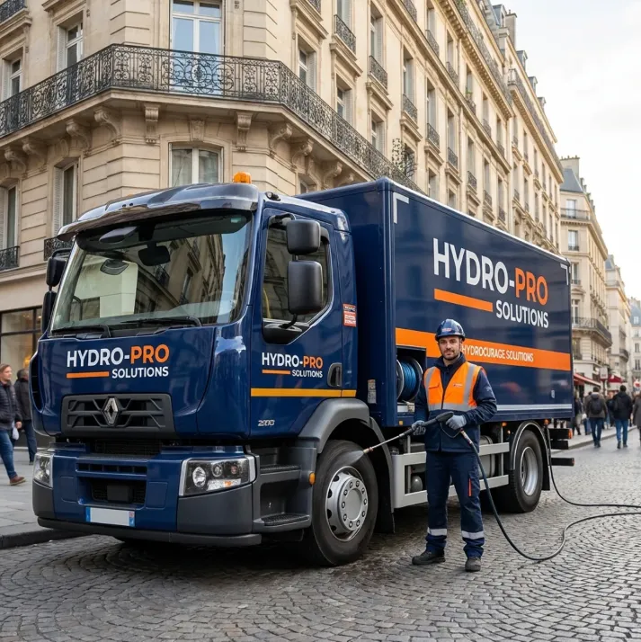 Camion d'hydrocurage et plombier pour débouchage de canalisation à Paris 15e